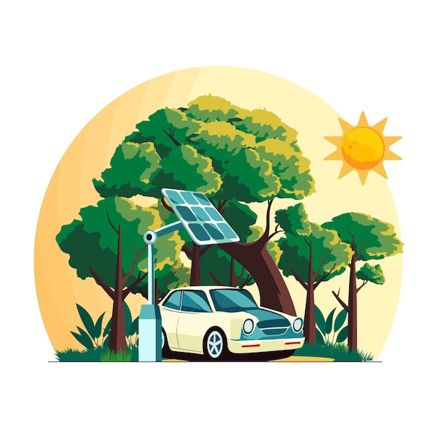 Fondo soleggiato della natura con il supporto del pannello solare e l'illustrazione dell'automobile Eco-amichevole e concetto di ecosistema