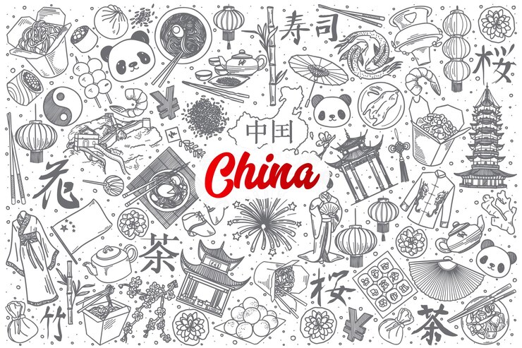 Vettore fondo stabilito di doodle cina disegnato a mano con scritte rosse