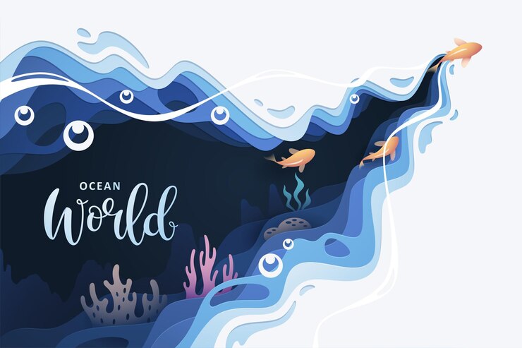 Fondo subacqueo dell'oceano ondulato di forma stratificata dei pesci nello stile del taglio della carta