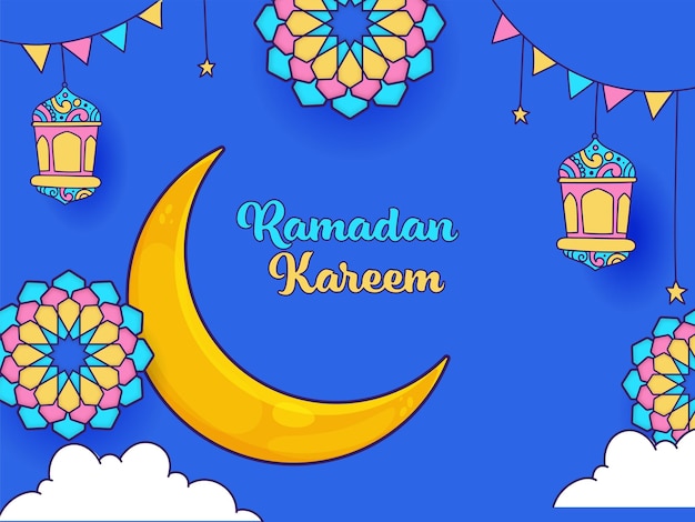 Font Ramadan Kareem con lanterne a forma di luna crescente con lanterne a forma di stella e bandiere Bunting decorate su sfondo blu