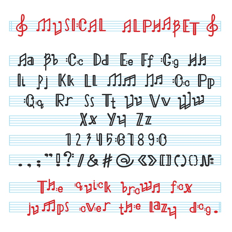 Vettore fonte alfabetica musicale di alfabeto abc con le lettere della nota di musica dell'illustrazione alfabetica di tipografia composta alfabeticamente melodia isolata su fondo bianco