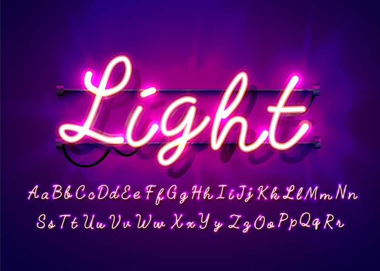 Vettore fonte di alfabeto disegnato a mano del tubo al neon. lettere di tipo script su una parete scura.