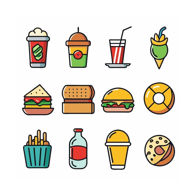 Food and Drink Icon Set Vector Illustration per documenti, siti web e applicazioni mobili