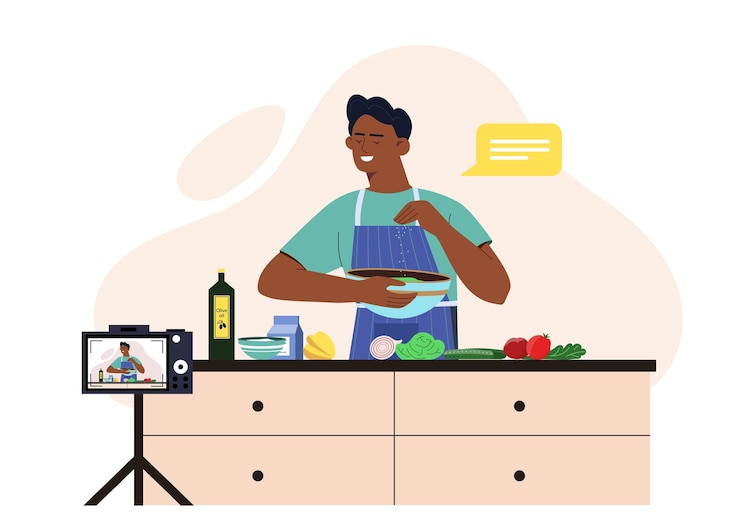 Vettore food blogger in cucina uomo in grembiule con ricetta di verdure e master class oline vlog vlogger