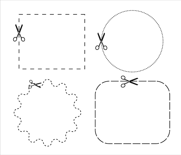 Forbici tagliate lungo il contorno su uno sfondo bianco illustrazione vettoriale icona di taglio della carta con punteggiata