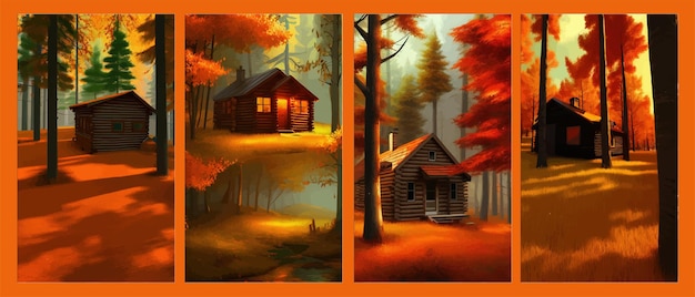 Foresta autunnale con una casa in legno cartone animato vettoriale illustrazione del paesaggio forestale profondo con foresta