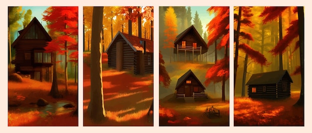 Foresta autunnale con una casa in legno cartone animato vettoriale illustrazione del paesaggio forestale profondo con foresta