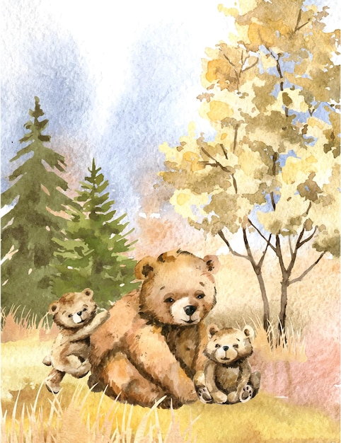 Foresta autunnale della famiglia dell'orso dell'acquerello
