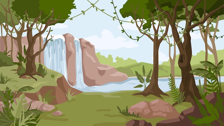 Vettore foresta dei flussi del fiume della cascata del paesaggio della giungla