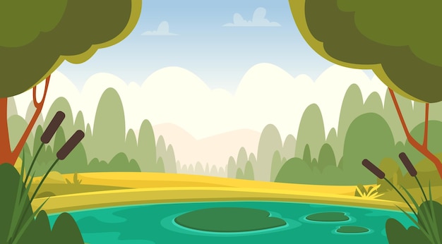 Foresta di piscina sfondo cartone animato di bellissimo stagno e alberi modello vettoriale