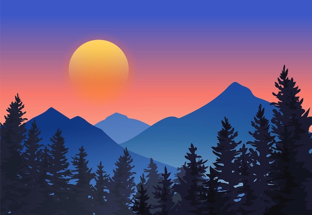 Foresta vicino alla montagna sull'illustrazione del tramonto