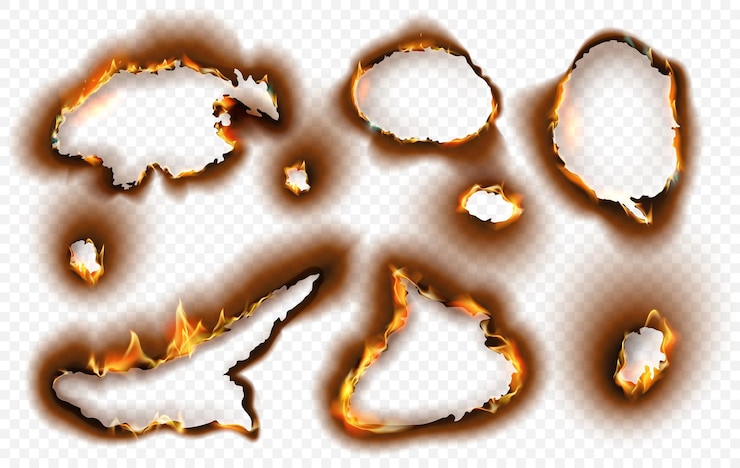 Vettore fori di carta con effetto bruciato realistico e fiamma di fuoco. bruciare i bordi carbonizzati strappati con cenere nera. insieme di vettore dei cerchi del foro strappato bruciato. foglio di carta danneggiato e distrutto con cornici sagomate