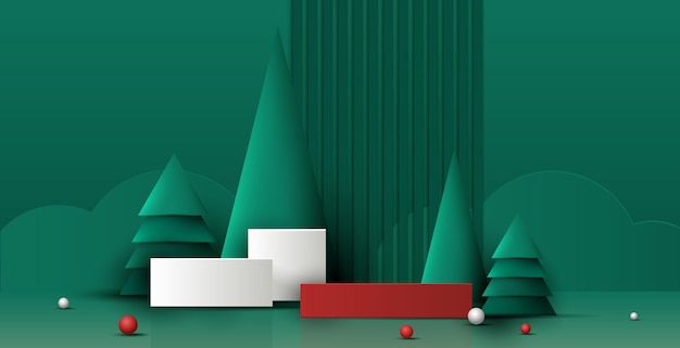 Forma del podio per l'esposizione di prodotti cosmetici per il giorno di Natale o la vetrina del prodotto Stand di Capodanno su sfondo verde con disegno vettoriale ad albero di Natale