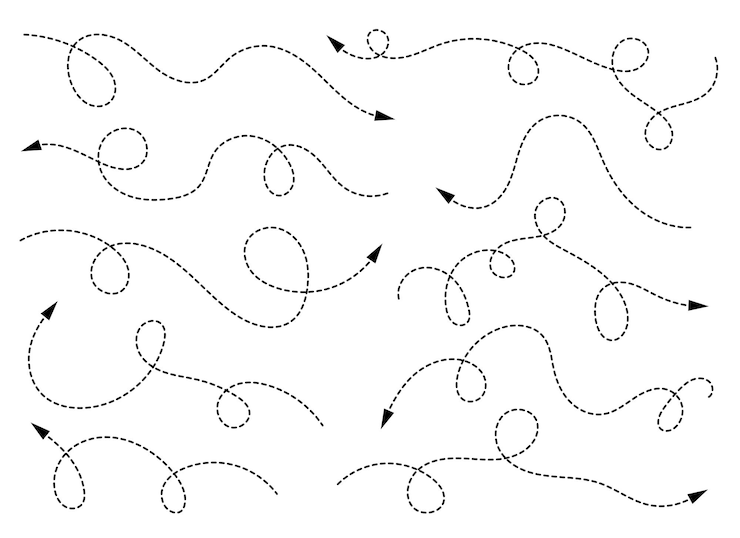 Vettore forma della freccia tratteggiata disegnata a mano linea della freccia curva collezione di icone della freccia illustrazione vettoriale isolata su sfondo bianco