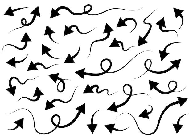 Forma di freccia curva nera disegnata a mano in stile doodle Set di linee di freccia