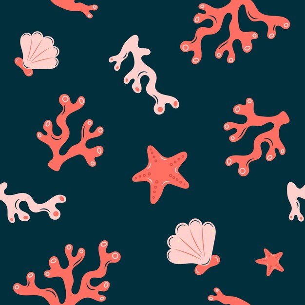 Forma di vita marina senza cuciture Conchiglie di alghe marine e stelle marine su sfondo scuro Illustrazione vettoriale