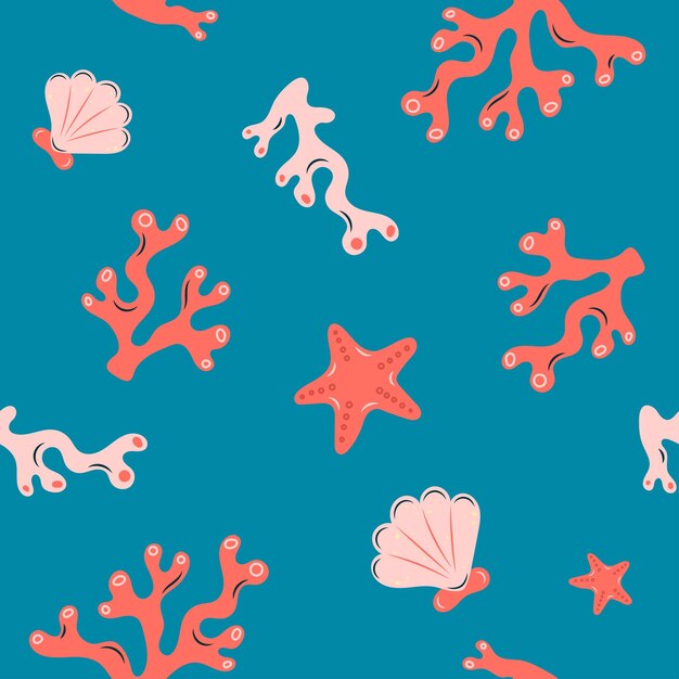 Forma di vita marina senza cuciture Conchiglie di alghe marine e stelle marine su sfondo turchese Illustrazione vettoriale