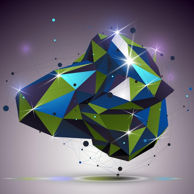 Forma lucida con tecnologia 3d asimmetrica con linee e punti collegati. Elemento di ingegneria luminoso a reticolo, ideale per l'uso nel web design. Oggetto mesh dimensionale.