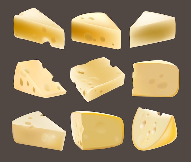 Formaggio a grumi. Latticini. Illustrazione realistica. Fori. Olandese. Il parmigiano. Diversi tipi di formaggio. Cibo. Gouda. Cibo salutare