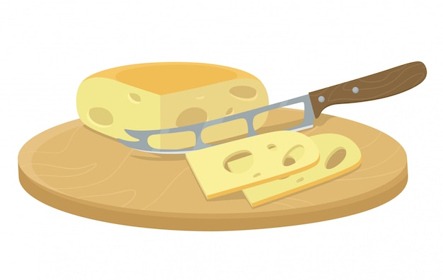Formaggio affettato con un coltello. Tagliare a mano e macinare ingredienti biologici. illustrazione in stile cartone animato piatto.