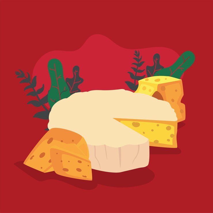 Vettore formaggio brie fresco con piante verdi