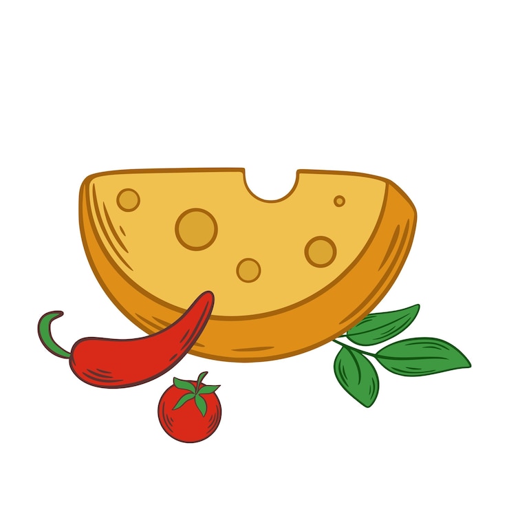 Vettore formaggio emmental con peperoncino, ciliegio, pomodoro e ramoscello di basilico famoso formaggio rotondo con buchi