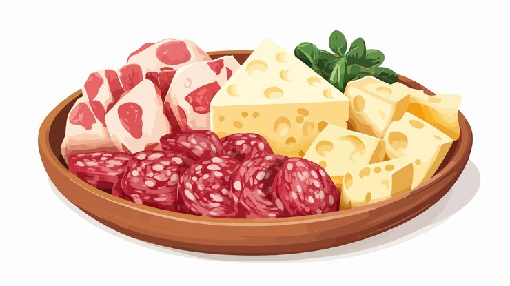 Vettore formaggio fresco e carne in ciotola vista ad alto angolo per la fotografia alimentare