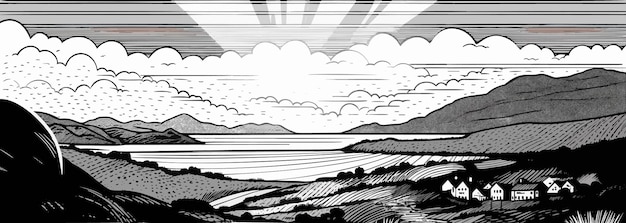 Formato panoramico del paesaggio rurale con una fattoria Illustrazione disegnata a mano in stile incisione