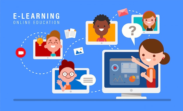 Formazione online di e-learning. Insegnante online sul monitor del computer. Bambini che studiano a casa via internet.