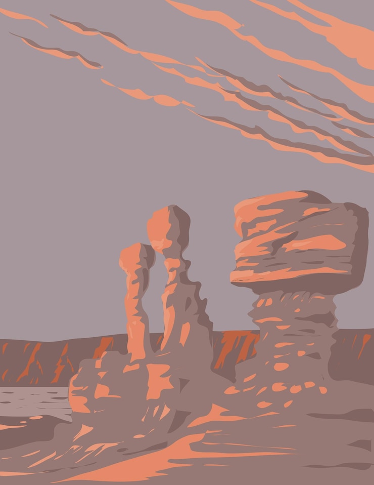Vettore formazioni rocciose parco provinciale di ischigualasto nella provincia di san juan argentina wpa art deco poster