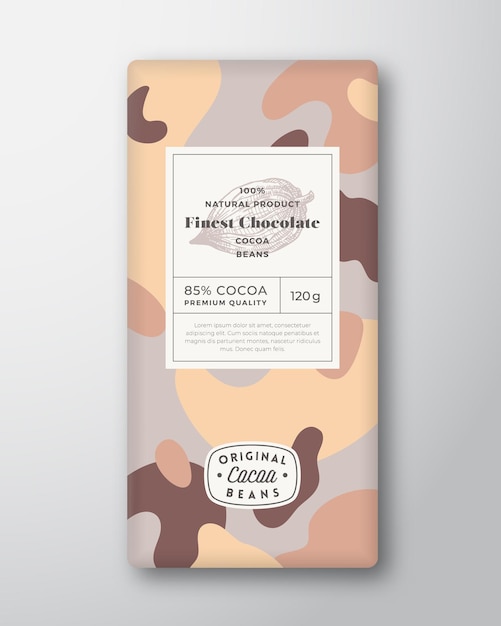 Forme astratte di etichetta di cioccolato al cacao layout di progettazione di imballaggio vettoriale con ombre realistiche t...