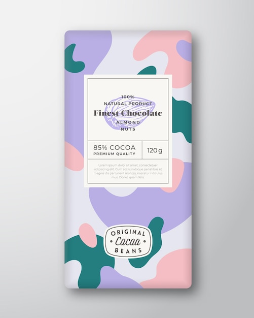Forme astratte di etichette di cioccolato alle mandorle layout di design di packaging vettoriale con ombre realistiche moderno ...