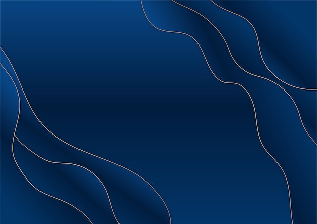 Forme curve blu scuro e oro su sfondo con linee a strisce dorate incandescenti e glitter. Lusso ed eleganza. Disegno del modello astratto. Design per presentazione, banner, copertina.
