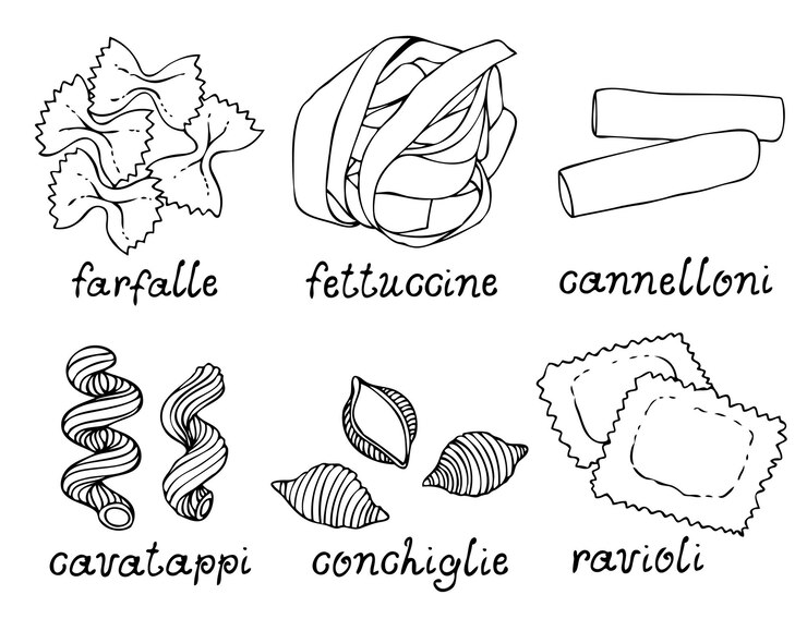Vettore forme di pasta vettore raccolta schizzo illustrazione pasta italiana disegnata a mano