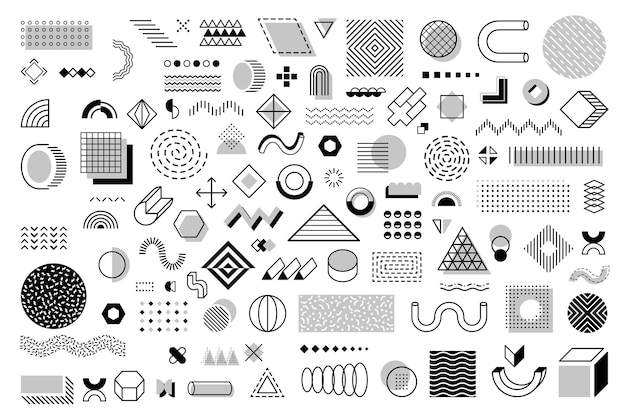 Forme e elementi geometrici monocromatici di Memphis