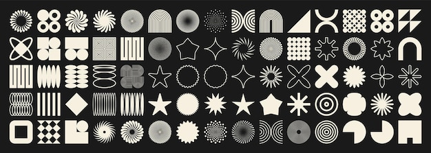 Forme geometriche brutaliste simboleggiano semplici elementi primitivi e forme di design retro alla moda