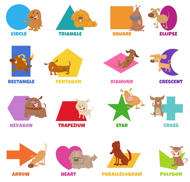 Forme geometriche con set di caratteri di cani divertenti