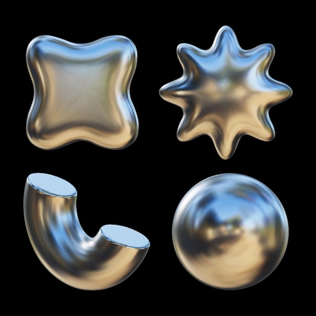 Forme geometriche cromate 3D quadrangolo a stella a palla a cromo liquido futuristico con riflessione gradiente