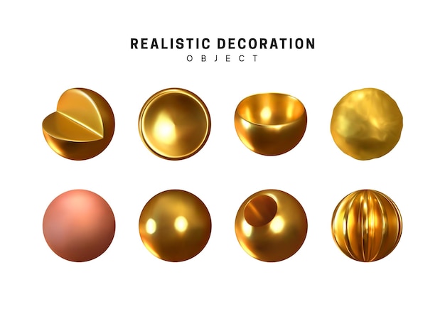Forme geometriche dorate Oggetti sferici rotondi 3d. elementi di design di sfere di metallo. Elemento decorativo dorato isolato su sfondo bianco. Illustrazione vettoriale realistica.