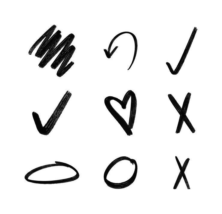 Vettore forme retrò disegnate a mano nere. freccia, cuore, linee ondulate