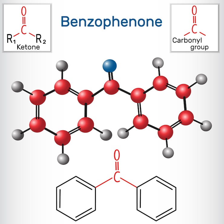 Vettore formula chimica strutturale e modello della molecola di benzofenone difenilchetone illustrazione vettoriale