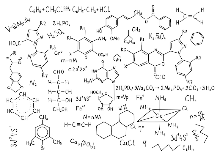 Vettore formule di chimica disegnate a mano educazione alla conoscenza della scienza