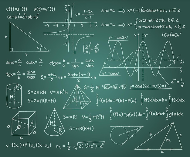 Formule matematiche Sfondo lavagna con funzioni e disegni di grafici algebrici e geometrici Scarabocchi calcoli matematici scritti a mano Lezione di trigonometria Scienza esatta del vettore