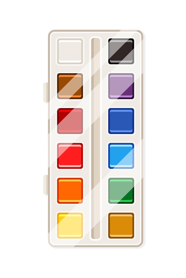 Vettore fornitura colorata per il concetto di pittura dipinti in confezione attrezzature per la creatività e l'arte adesivo per i social network illustrazione vettoriale piatta di cartone animato isolata su sfondo bianco