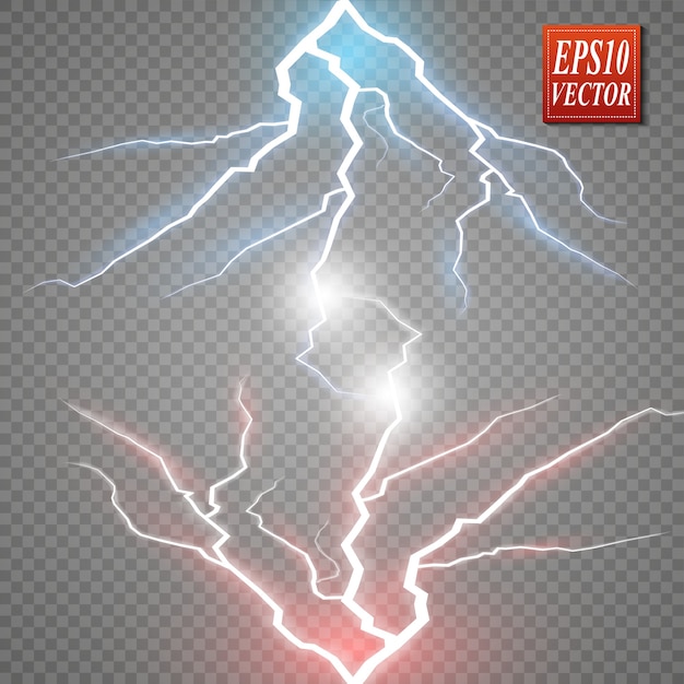 Forza frizzante calda e fredda. Fulmine di energia con una scarica elettrica isolata su uno sfondo trasparente. Collisione di due forze con luce rossa e blu.
