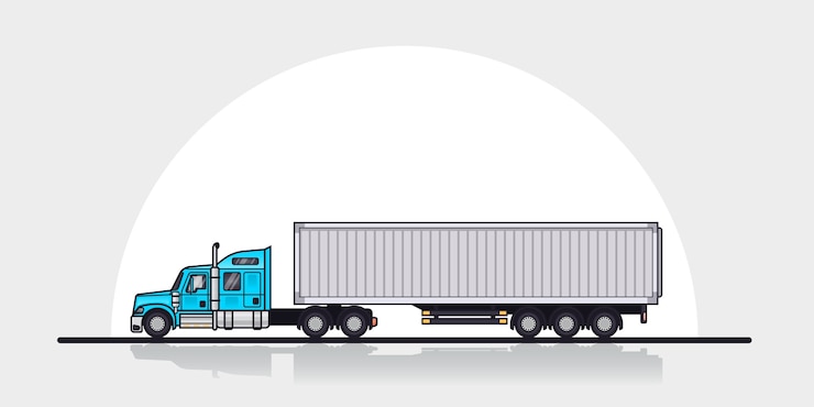 Vettore foto del rimorchio del camion carico americano moderno, vista laterale. illustrazione di arte linea stile piatto. concetto di trasporto merci.