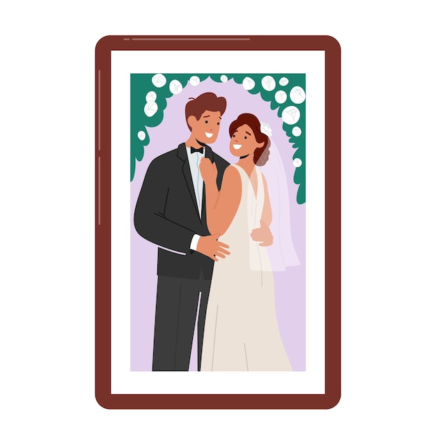 Foto in cornice con il giovane sposo e la sposa stanno insieme sorridente abbraccio impostazione romantica fiori verde