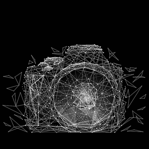 Fotocamera astratta con poligoni e linee 3D sfondo vettoriale digitale