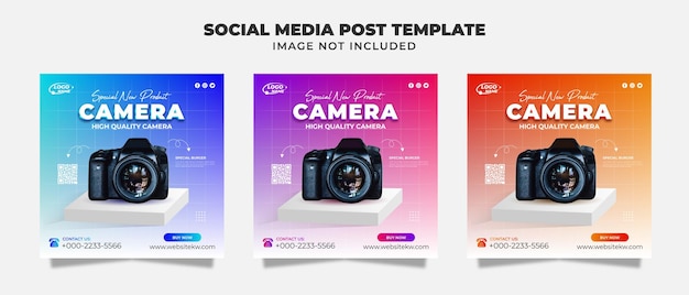 Fotocamera digitale per la vendita di post sui social media, volantino e modello di banner per la promozione
