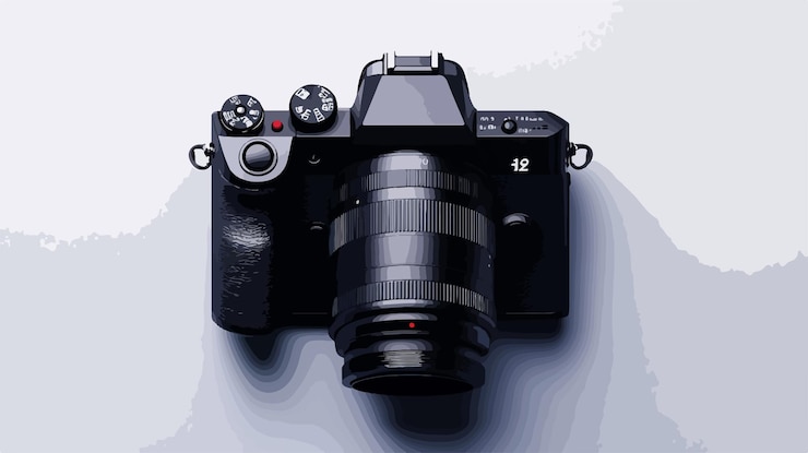 Vettore fotocamera digitale professionale ad angolo ampio che cattura immagini d'arte
